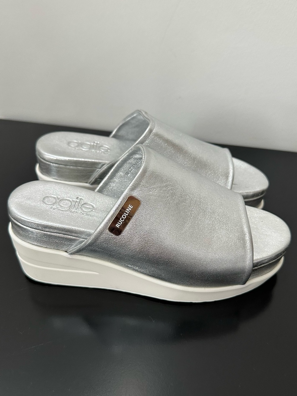 Leather Silver Platform Slide Mules